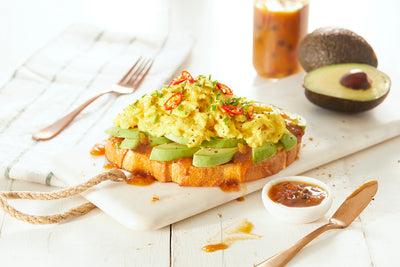 Avocado Toast with Curried Scrambled Eggs and Galloping Cows Mango Chutney