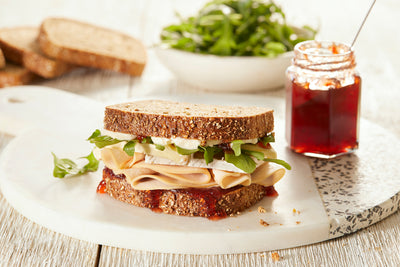 Turkey and Havarti Sandwich with Arugula and Galloping Cows Cranberry Pepper Jelly